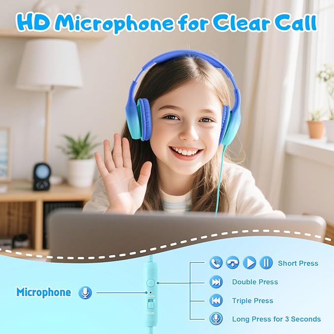 Kids Headphones, Wired Headphones for Kids with Microphone 85/94dB Volume Limit, Stereo Sound Portable Over Ear Headphones for School/Travel/Tablet/iPad, Gradient Blue
