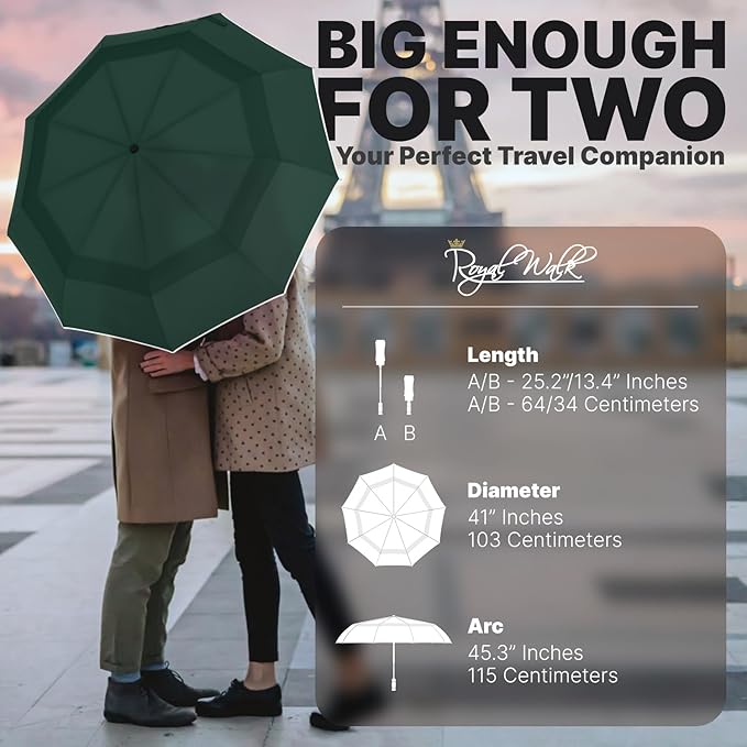 Royal Walk Windproof Folding Travel Umbrella Compact and Strong Luxurious Real Wood Handle Automatic Open Close Vented Double Canopy for Men and Women