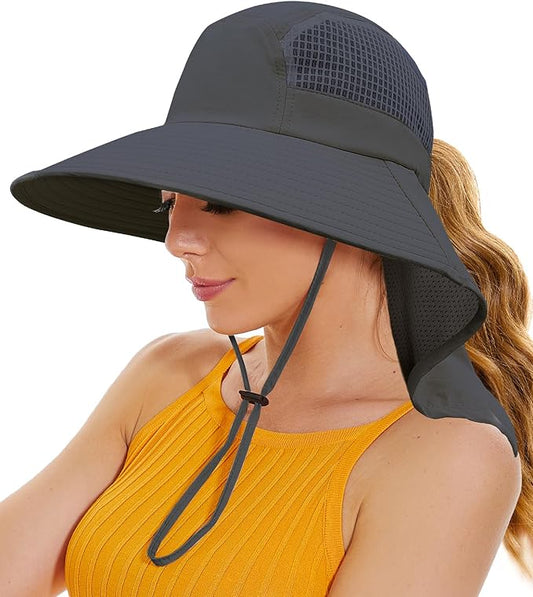 Sun Hats for Women UV Protection with Neck Flap Wide Brim Beach Hats with Ponytail Hole for Hiking Fishing Gardening Travel