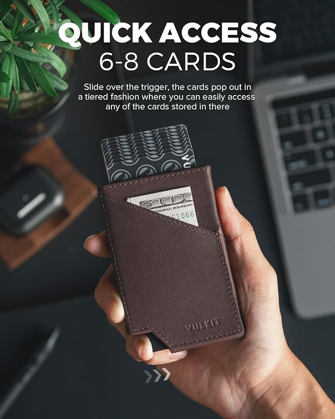 VULKIT Pop up Card Wallet Top-Grain Genuine Leather RFID Blocking Slim Aluminum Metal Bank Card Holder Case with Business Money Pocket for Credit Cards Notes and Coins Espresso