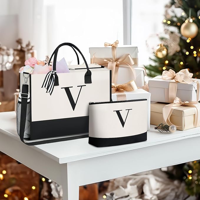 BAGAIL Initial Tote Bag, Personalized Birthday Gifts for Women, Teacher, Friends, Mom, Wedding, Monogrammed Beach Bag