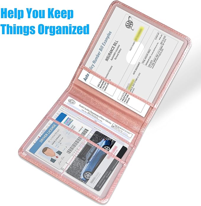 DMLuna Car Registration and Insurance Holder, Folio Leather Vehicle Card Document Glove Box Organizer, Auto Truck Compartment Accessories for Essential Information, Driver License Cards, Rose Gold