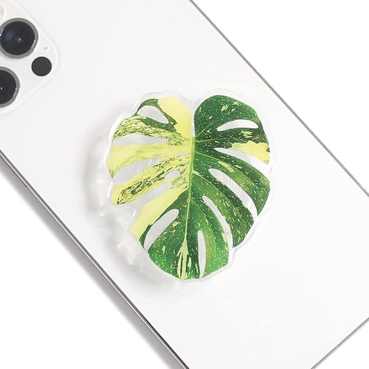 OnTheGrip Cute Acrylic Tropical Leaf Design Collapsible Expandible Mobile Phone Grip Stand Holder for Smartphone Tablet Cell Phone Accessory (Yellow Monstera)