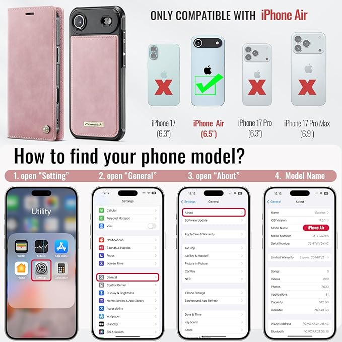 PlusnapX Wallet Case for iPhone Air Compatible with Magsafe, 2-in-1 PU Leather Flip RFID Blocking Card Holder Stand ShockAirof Magnetic Detachable Cover for iPhone 17 Air Case 6.5", Pink