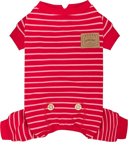 KYEESE Dog Pajamas, Soft Striped Pet Jumpsuit, Velvet Fleece Doggie Jammies, 4 Legs Dog Clothes, Stretchable Pajamas Cozy Outfit, Comfortable Onesie Sleepwear for Small Dogs,Red Striped, Large
