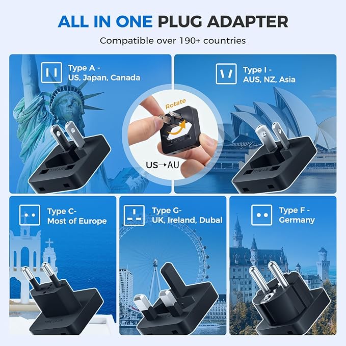 DOACE 2000W Voltage Converter US to Europe - 220V to 110V Converter for European Travel, Power Converter Adapter Combo with 2 PD/2 QC/EU/UK/AU/IT Travel Plugs for Hair Dryer Laptop, Camera, Cell Phone