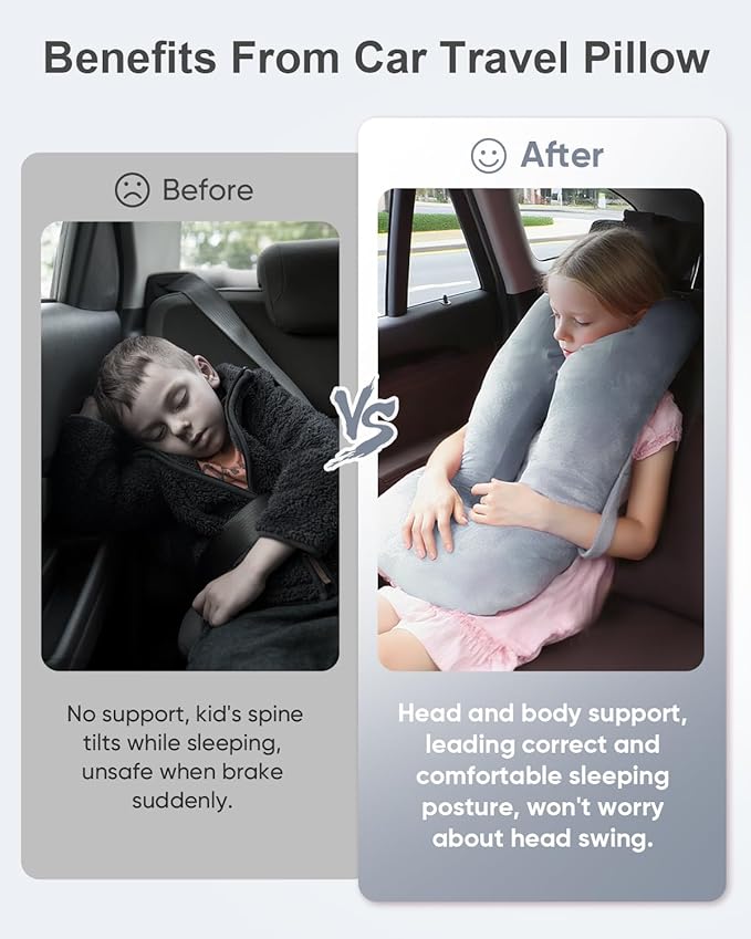 Car Travel Pillow for Kids Adults, Raised Padding Head and Neck Support Car Seat Sleeping Pillow for Toddlers, Portable U Shaped Body Pillow for Cars Seat On Road Trip (Light Gray)