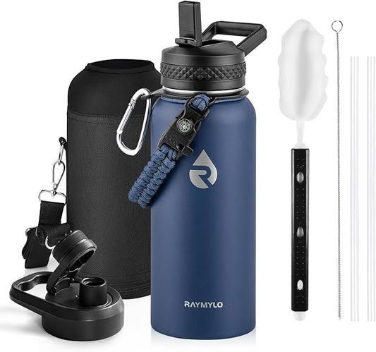 Insulated Water Bottle 32 oz, Triple Wall Vacuum Stainless Steel (Cold for 48 Hrs), Leak Proof & Non-BPA, Modern Water Flask Jug with Paracord Handle & Straw Spout Lids, Navy Blue