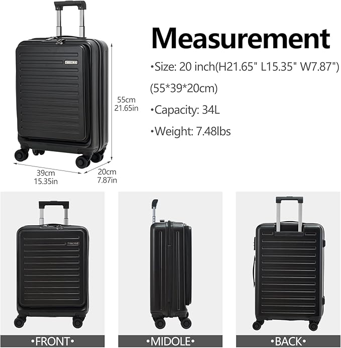 TydeCkare 20 Inch Carry On Luggage with Front Pocket, 21.65 * 15.35 * 7.87" Suitable for Airplane Overhead Bin, 34L Lightweight PC+ABS Hardshell with YKK Zipper, TSA Lock Approved, black
