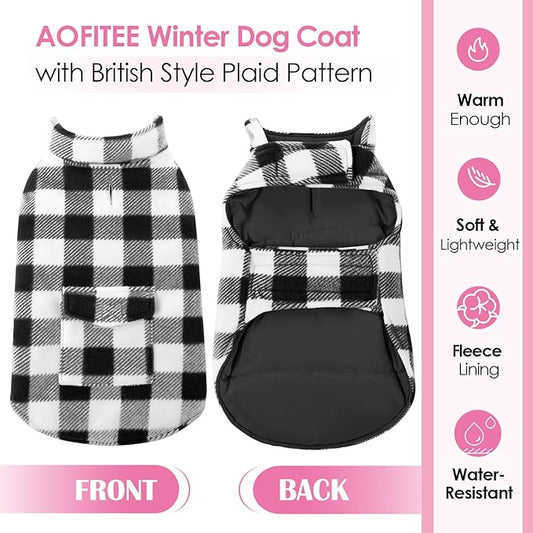AOFITEE Dog Coat Plaid Dog Winter Coat for Small Dogs, Warm Dogs Jacket Christmas Sweater, Waterproof Pet Puffer Jacket, Reversible Pet Cold Weather Coats for Small Medium Large Pets, Black S