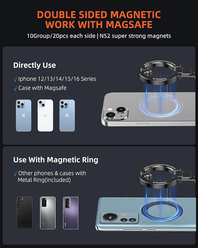 Dual Magnetic Phone Holder Compatiable with Magsafe for iPhone 16 15 14 13 12 Pro Max Plus Series, 1/4" Screw Tripod Mount, Gym Magnetic Phone Stand Travel(Black)