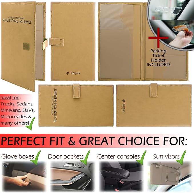 Auto Insurance and Registration Card Holder - Vehicle Glove Box Document Organizer - Car Essential Paperwork Holder for DMV, AAA, Contact Information Cards - Premium PU Leather Wallet Case - Beige