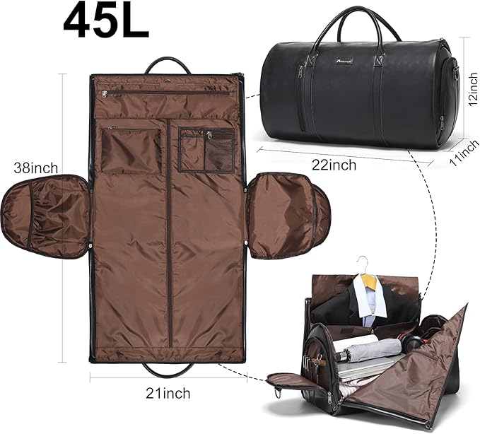 Modoker Convertible Leather Garment Bag, Carry on Garment Bags for Travel, Garment Duffel Bag, Gifts for Men Women Business Waterproof Suitcase Suit Travel Bags, Black