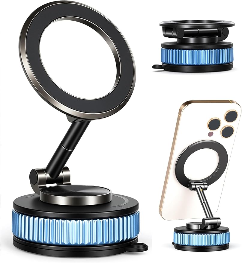 Magnetic Phone Holder car，Metal Body Durable and Solid,Vacuum Suction Cup Phone Holder, Magsafe Car Mount for iPhone, Folding Holder for iPhone and Android