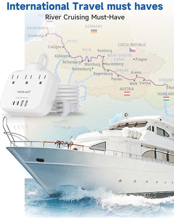 Italy Travel Plug Adapter with 5FT Extension Cord, meta-ant Italy Power Adapter with 3 American Outlets 4 USB Ports(2 USB-C), Type L Adapter for US to Italy Chile Ethiopia Libya Syria Tunisia Uruguay