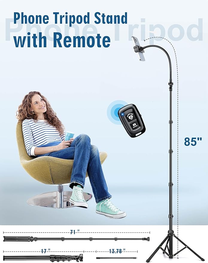Phone Tripod, 85" Tripod for Cell Phone iPhone with Gooseneck, Aluminum Tripods Stand for Video Recording Photo Vlog, Travel Cellphone Tripod with Remote Compatible with iPhone Android