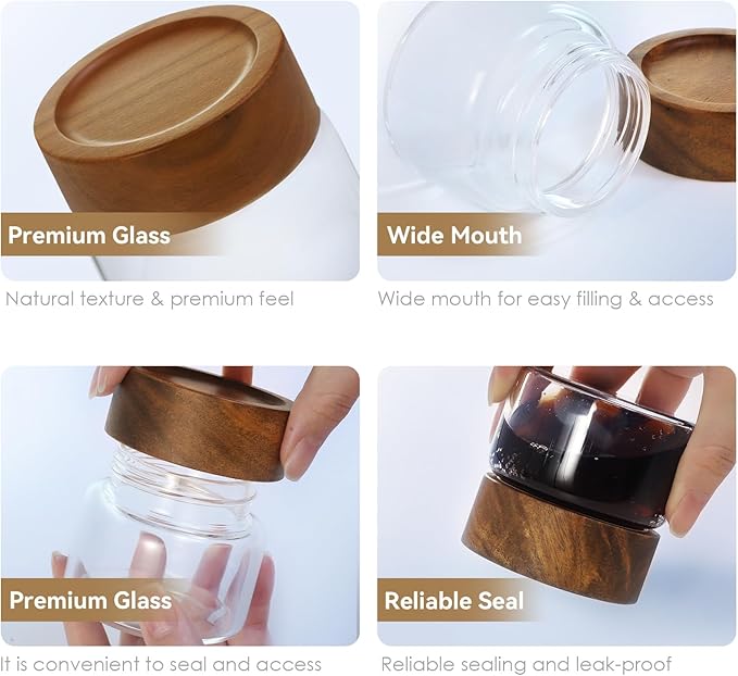 Zoaiirte 2-Pack 4 oz Leakproof Mason Jars with Airtight Acacia Wood Lids - Small Glass Food Storage Containers for Overnight Oats, Spices, Snacks, Kitchen Pantry Organization