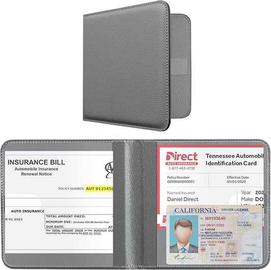 CoBak Car Registration and Insurance Holder - Men and Women Small Lightweight Vehicle Glove Box Car Organizer, Auto Truck Comparment Accessories Case for Essential Document, Driver License (Gray)