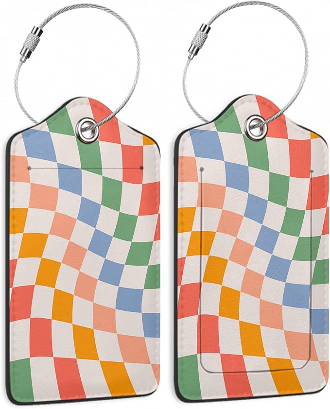 Checkered Luggage Tag,Colorful Retro Wavy Luggage Tags of Set 2 Leather Identifiers Privacy Cover with Stainless Steel Loop for Women Men Travel Bag Suitcase