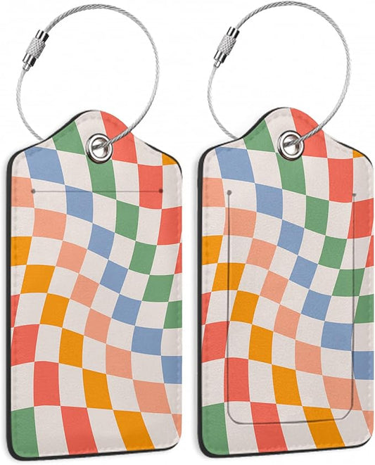 Checkered Luggage Tag,Colorful Retro Wavy Luggage Tags of Set 2 Leather Identifiers Privacy Cover with Stainless Steel Loop for Women Men Travel Bag Suitcase
