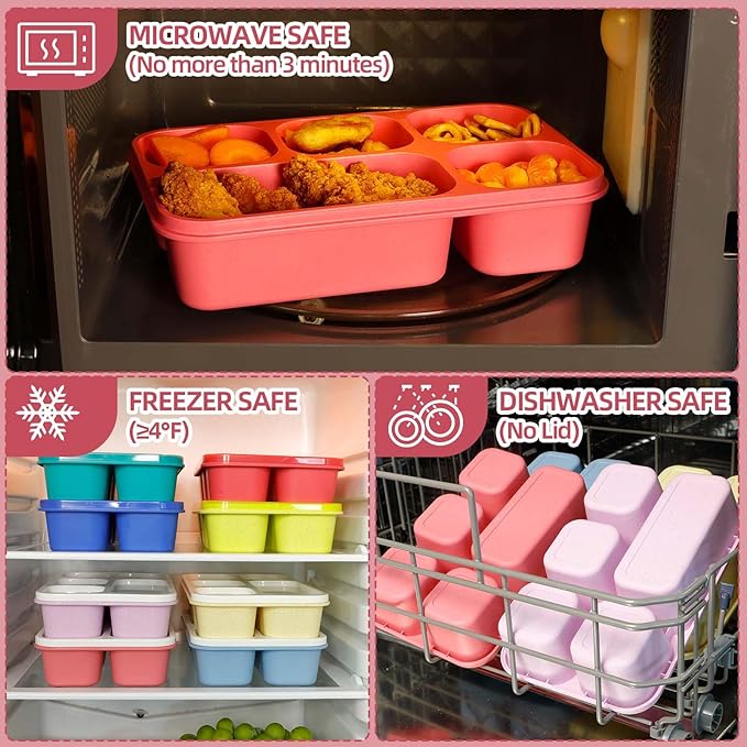 Caperci Large Bento Lunch Boxes for Adults & Kids - 5 Compartment Lunchable Snack Box Containers, Built-in 4 Leak-Proof Dipping Sauce Cups, Reusable Food Storage Containers, 4-Pack (Vintage Colors)