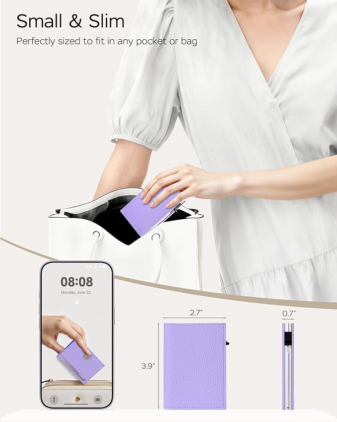 Vast Scenery Women's Small Wallet - 2026 Trendy Lavender Purple, RFID Blocking Smart Metal Pop Up Card Holder, Ultra Slim Fits Most Bags & Pockets, Holds 11+ Cards 10+ Bills, Gift for Her