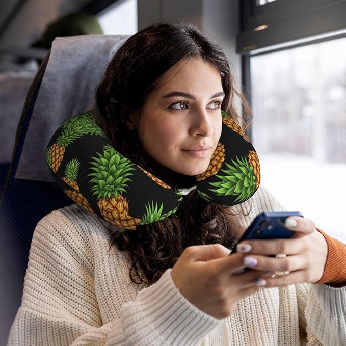 Breathable Neck Pillow for Sleeping Rest Nap Upside Down Pineapple, Airplanes/Car/Home Memory Foam Travel Cushion with Polyester Cover Washable for Women Men
