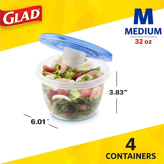 GladWare To Go Lunch Food Storage Containers | Easy to Use Glad Food Storage Containers, Round Food Containers, Medium Containers Hold up to 32 Ounces of Food, 4 Count Set (Pack of 6)