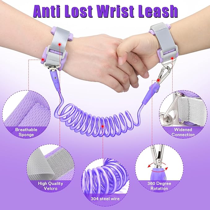 Toddler Leash-Baby Walking Safty Harness and Child Anti Lost Wrist Link for Girls/Boys Travel (Purple)
