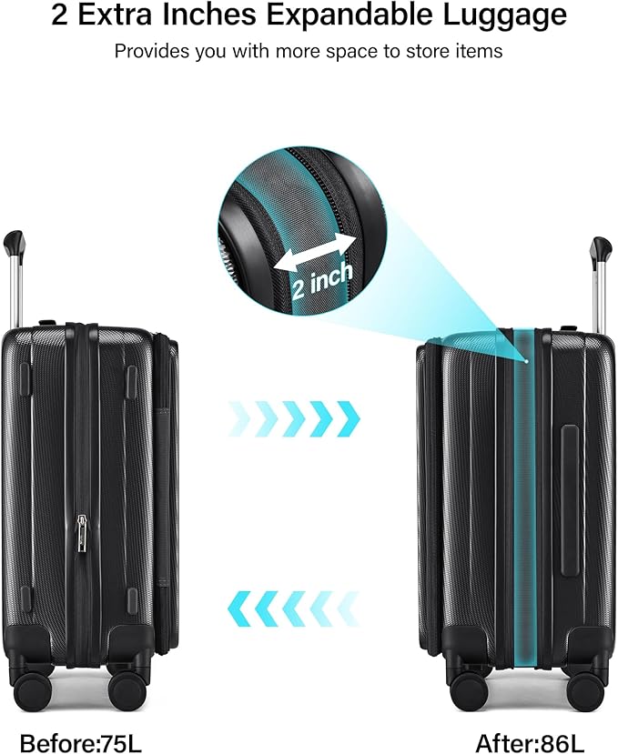 Hanke 24 Inch Expandable Luggage Top Opening Checked Bag Luggage Hard Shell Suitcases with Wheels Lightweight Travel Luggage Medium Suitcase with Lock for Woman Men-Jet Black