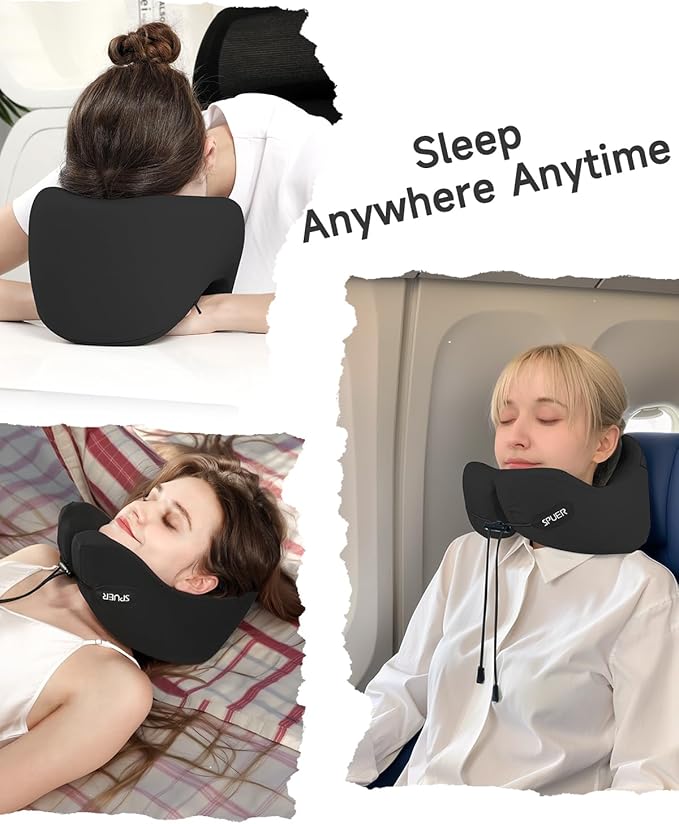 Ergonomic Memory Foam Travel Neck Pillow with Eye Mask & Earplugs – Comfortable Support for Flights, Cars, and Office Naps (Black)