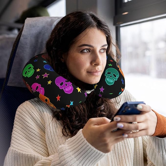 Travel Pillow for Boys and Girls, Comfortable Neck Chin Head Support Cushion Neon Gothic Skull, Comfortable for Airplanes Car Sleeping Rest