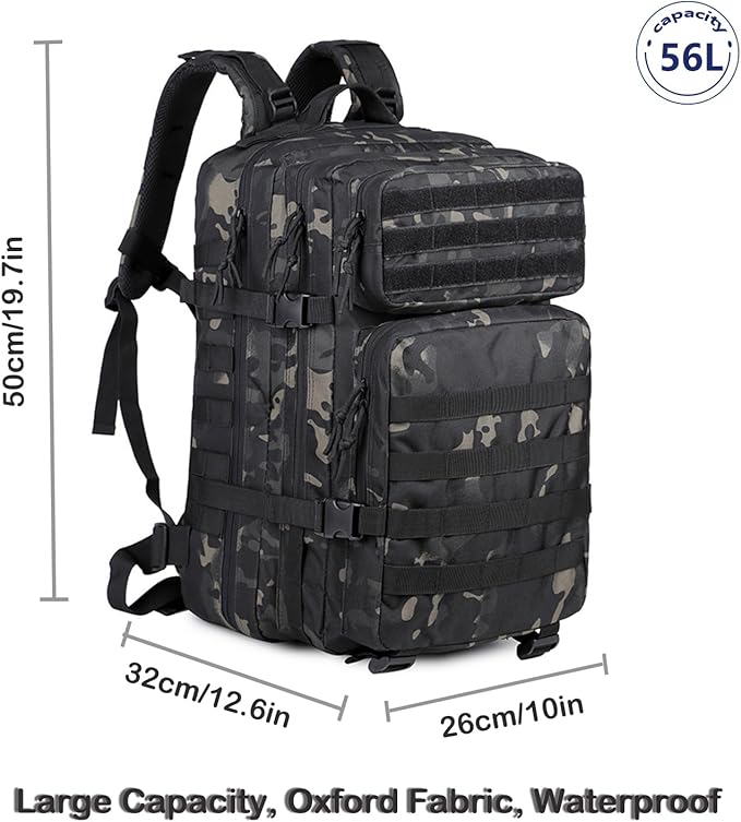 56L Tactical Backpack, Military Molle Backpack Army 3 Day, Waterproof Durable Hiking Rucksack for Men, 24H Outdoor Survival Bug Out Bag for Camping, Travel, Hunting, Camouflage Black