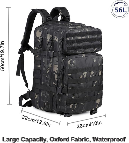 56L Tactical Backpack, Military Molle Backpack Army 3 Day, Waterproof Durable Hiking Rucksack for Men, 24H Outdoor Survival Bug Out Bag for Camping, Travel, Hunting, Camouflage Black