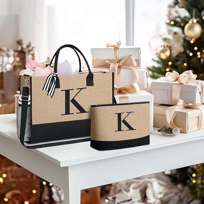 BAGAIL Initial Tote Bag, Personalized Birthday Gifts for Women, Teacher, Friends, Mom, Wedding, Monogrammed Beach Bag