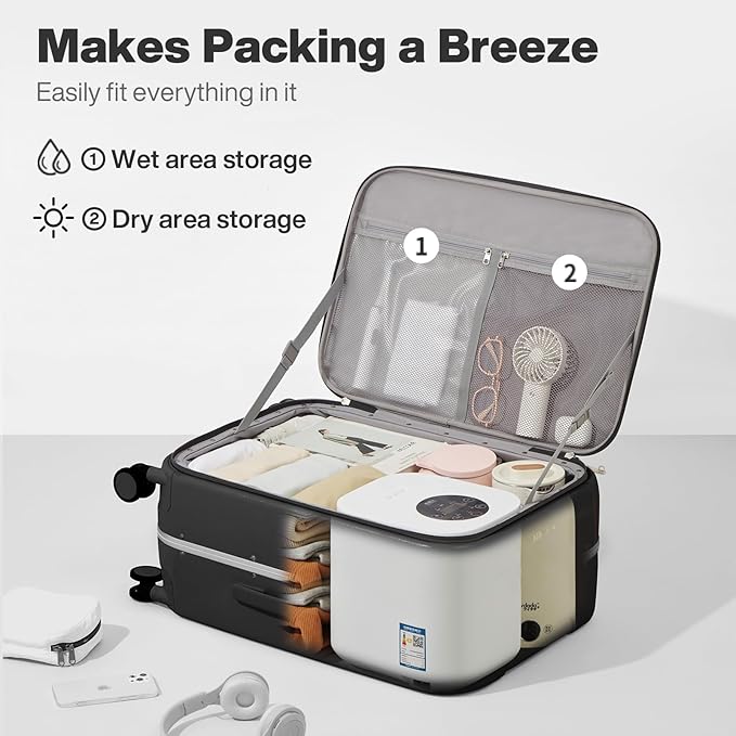 mixi 24 Inch Carry On Luggage 22x14x9 Airline Approved PC Hard Shell Suitcase Top Opening Aluminum Frame Travel Suitcases with Wheels, Blcak