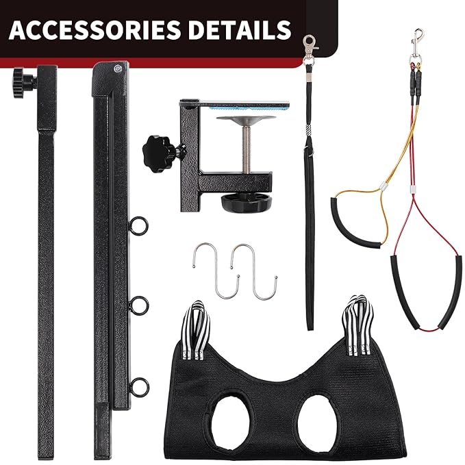Phenfor Dog Grooming Table Arm with Hammock - Adjustable Height, Pet Grooming Hammock, No Sit Haunch Holders, Loop Noose Heavy-Duty Clamp (Black)