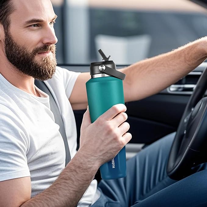 HYDROWION 32 oz Insulated Water Bottle, Car Water Bottle Holder - Double Wall Vacuum Insulated Travel Bottle with Straw Lid, Spout Lid and Flex Cap - Cold for 24H, Hot for 12H, Blue - Lake Green