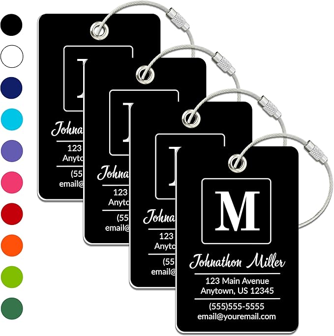 Personalized Luggage Tag | 4 Pack | Custom Luggage Tags for Suitcases | Kids Backpack Tag | 10 Color Options & Choose Font, Font Color