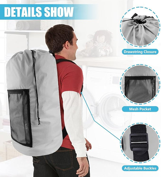 Laundry Bag Backpack, 2PCS Extra Large Travel Laundry Bag with Mesh Pocket & Adjustable Shoulder Straps,Dirty Clothes Travel Bag for College Students Dorm,Apartment(Light Gray)