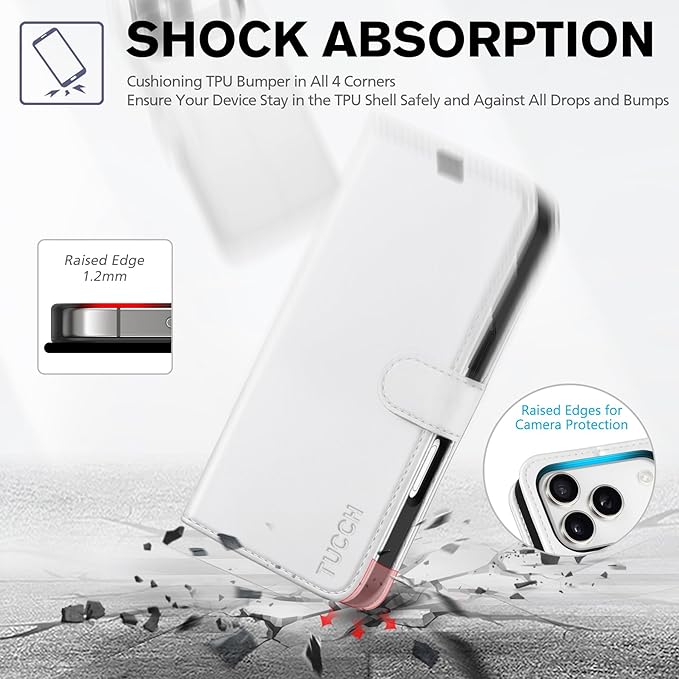 TUCCH Wallet Case for iPhone 17 Pro (6.3") 2025, RFID Blocking 4 Card Holders | Kickstand | Shockproof TPU Shell | PU Leather | Magnetic Closure | Protective Flip Folio Cover | White