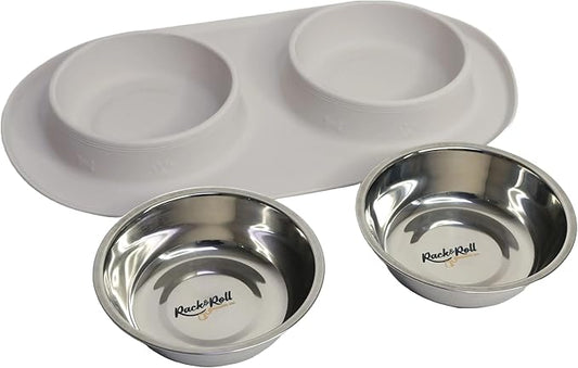 Dual Stainless Steel Pet Bowls with Non-Slip Silicone Mat – Spill-Proof Food and Water Feeder for Dogs & Cats, Easy to Clean, BPA-Free, Durable and Lightweight