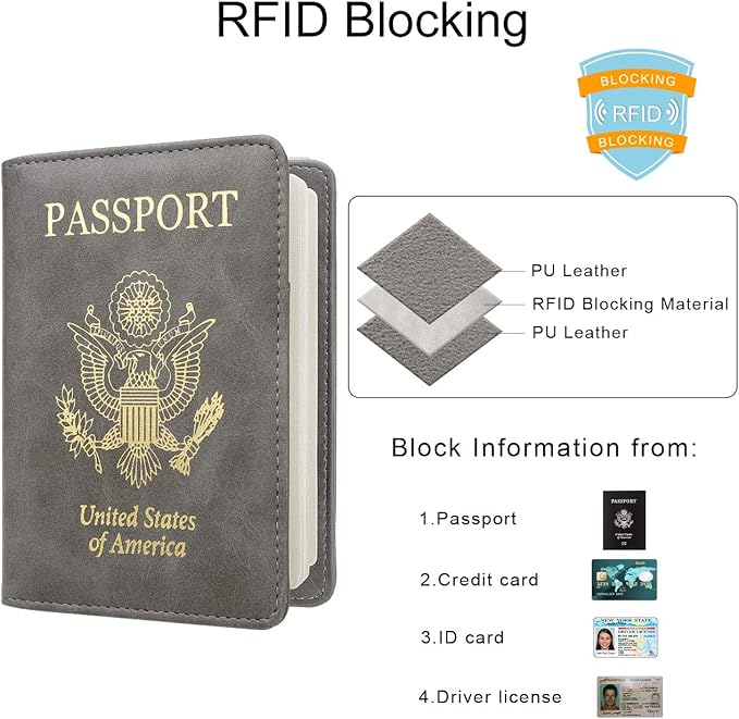 WALNEW Passport Holder for Travel, RFID Passport Cover Wallet for Women Men, PU Leather Passport Book Card Holder Case with Pen, Travelling Essentials for Flying