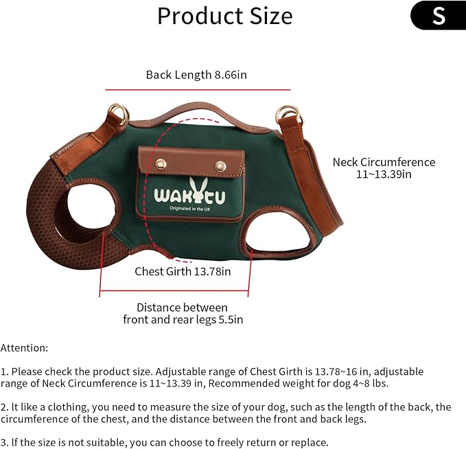Wakytu Dog Lift Harness Dog Carrier Dog VES Harness Adjustable Dog Leash with Small Puppy Treat Bag（Green,S）
