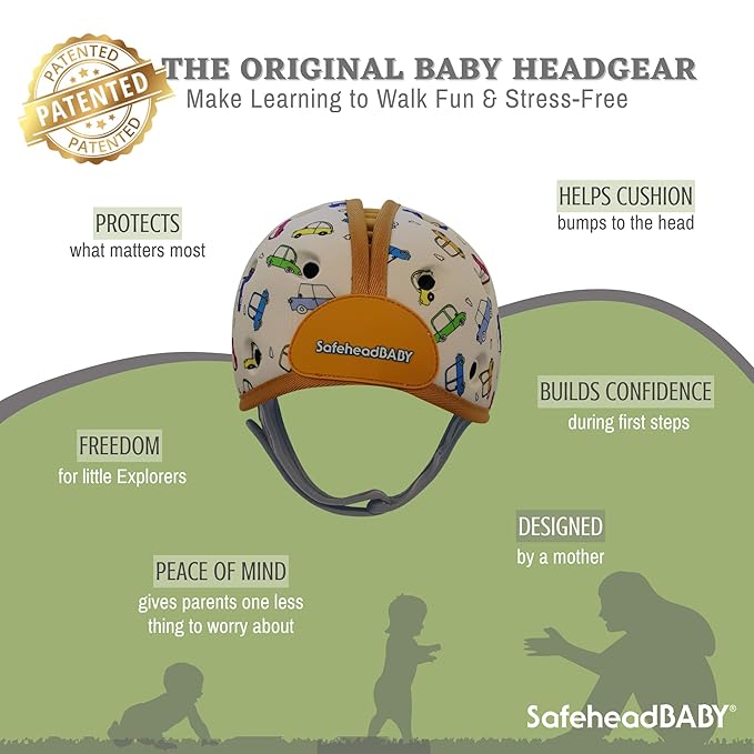 SafeheadBABY Soft Baby Head Protector Helmet for Crawling and Walking 7–24 Months – Ultra-Lightweight & Breathable Infant Safety Helmet That Grows with Your Baby (Head Circ. 40–52 cm) – Cars Orange