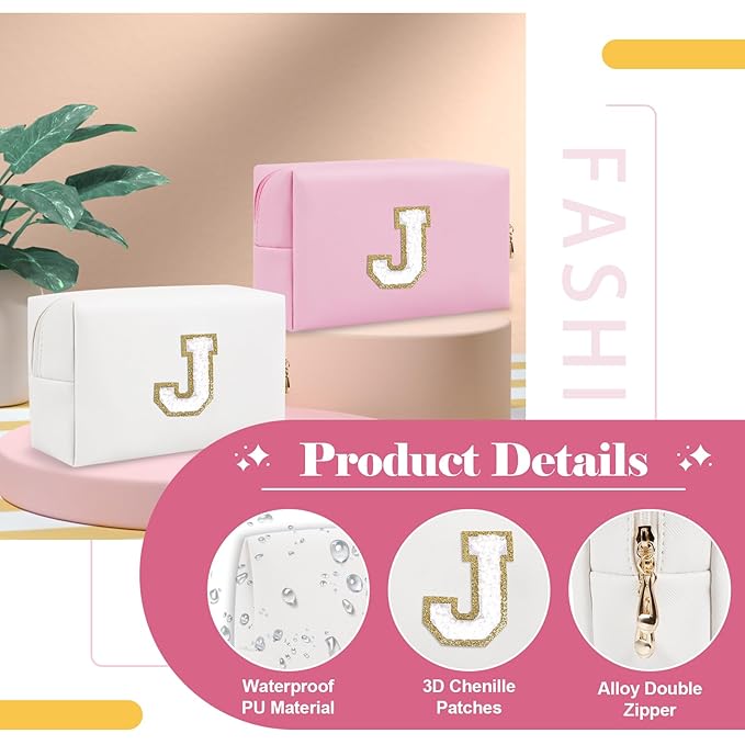 Small Personalized Initial A-Z Preppy Patch Makeup Bag,White PU Chenille Letter Travel Cosmetic Pouch with Zipper,Cute Toiletry Bag,Gift Ideal for Teen Girls Women Teacher Bridesmaid,Letter J