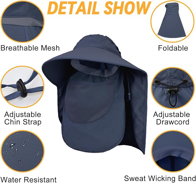 Sun Hats for Men Women Detachable Face Cover Wide Brim Fishing Hats with Neck Flap UPF 50+ Outdoor Safari Hats