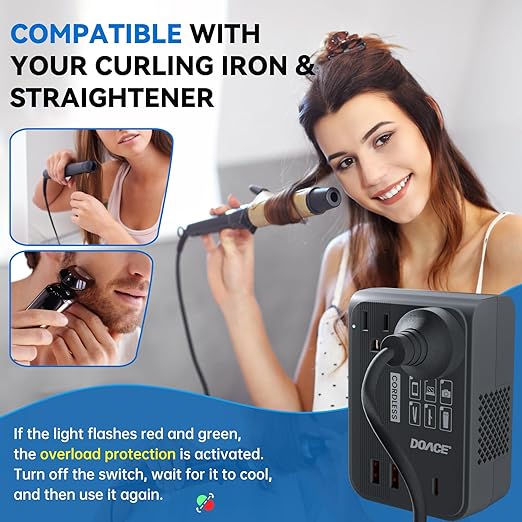 DOACE 220V to 110V Converter 350W Voltage Converter US to Europe for Hair Straightener/Curling Iron Converter for European Travel with 4-Port USB Charging and UK/AU/US/EU Worldwide Plug Adapter