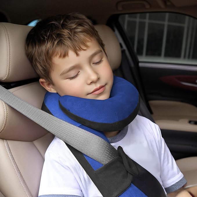 Kids Travel Neck Pillow, Comfortable Head & Chin Support for Car seat & Airplane, Toddler Pillow for Sleeping on Road Trip, Gifts for Child (Black & Light Blue)