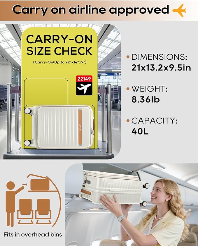 Joyway Carry on Luggage Airline Approved with Front Compartment and Cup Holder, 20 Inch Hard Shell Carry-on Suitcase with Spinner Wheels and TSA Lock for Women Men (Beige, 20 Inch)
